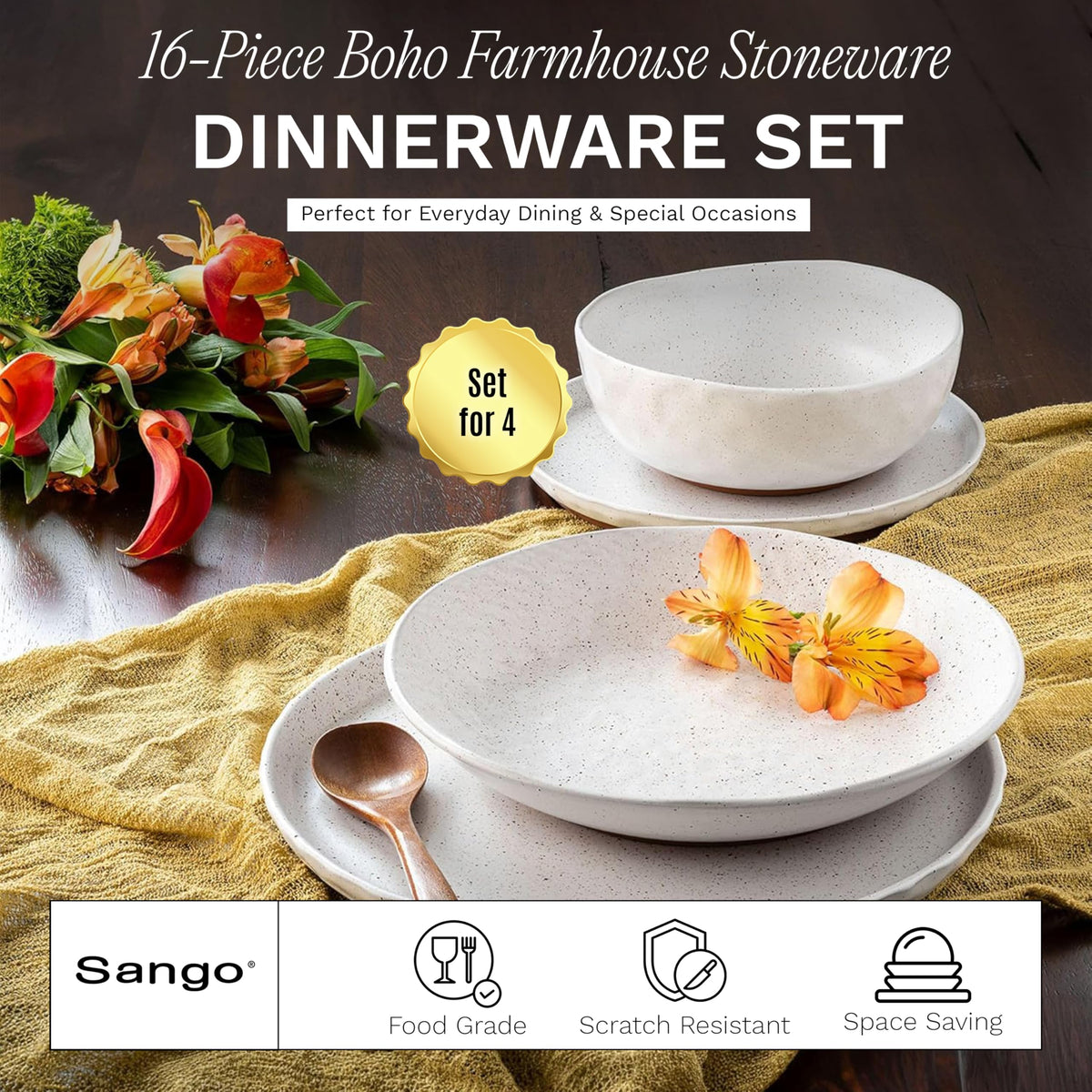 16-Piece Boho Farmhouse Stoneware Dinnerware Set for 4, Semi-Matte White Plates and Bowls Sets with Rustic Speckled