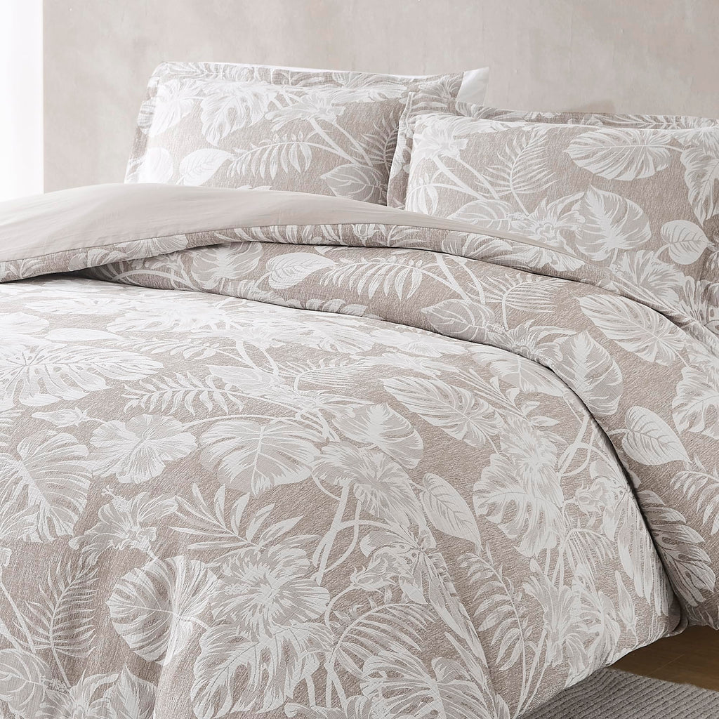 Bali Tropical Leaves Gauze Jacquard Duvet Cover 3 Piece Set Full/Queen Neutral - Tropical Bedding Sets - Brown Duvet