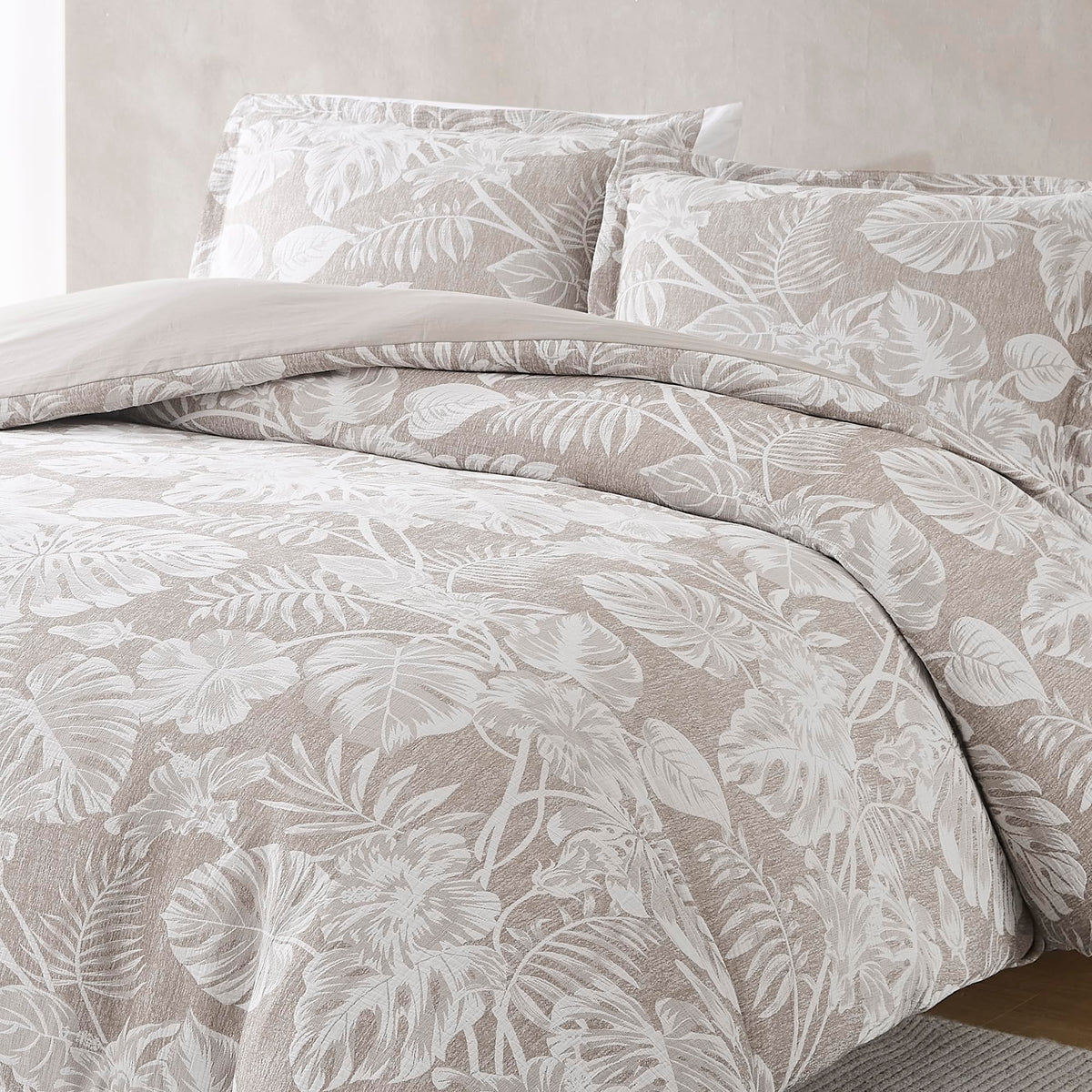 Bali Tropical Leaves Gauze Jacquard Duvet Cover 3 Piece Set Full/Queen Neutral - Tropical Bedding Sets - Brown Duvet