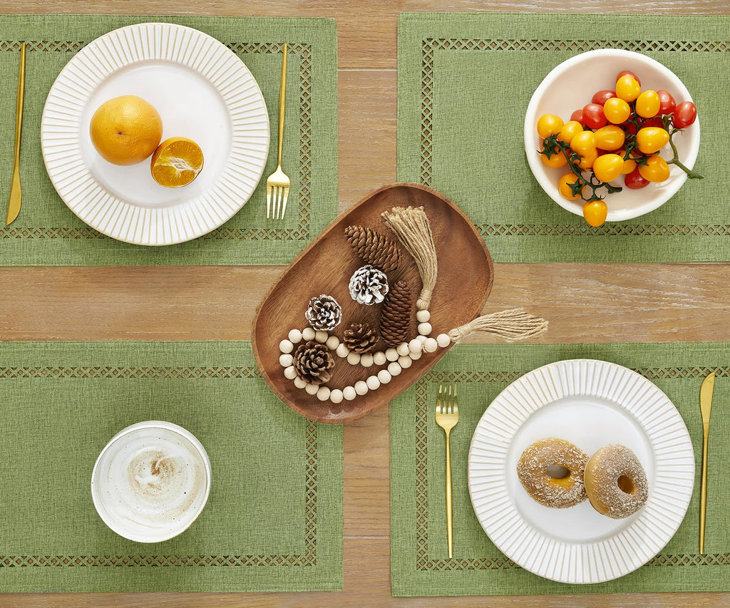 Farmhouse Burlap Hollow Placemats Set of 4, 12 x18 Inch Sage Green