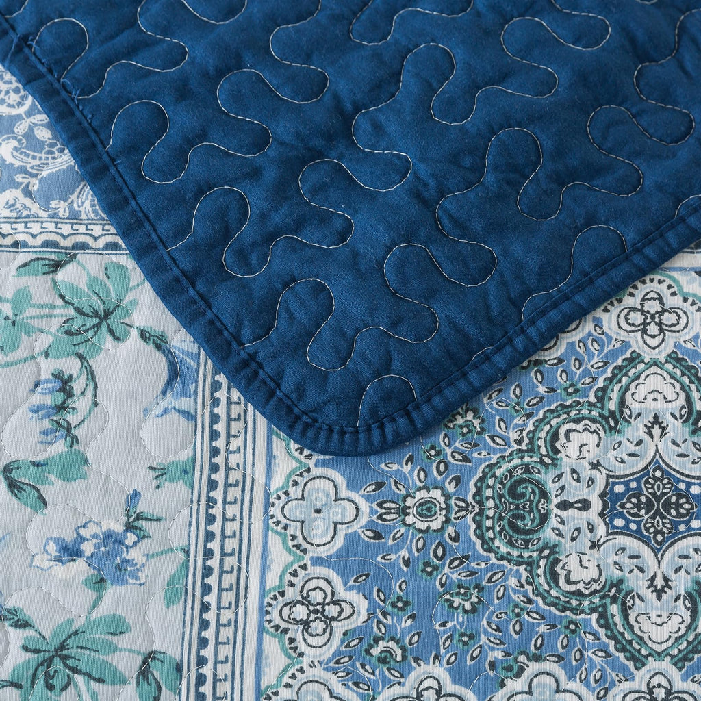Cotton Bedspread Quilt Sets-Reversible Patchwork Coverlet Set, Blue Classic Bohemian Pattern