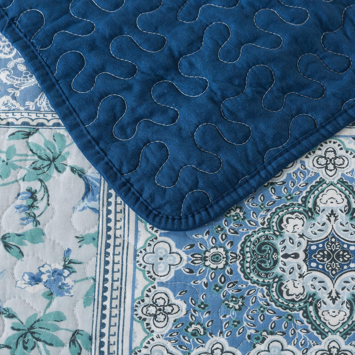 Cotton Bedspread Quilt Sets-Reversible Patchwork Coverlet Set, Blue Classic Bohemian Pattern
