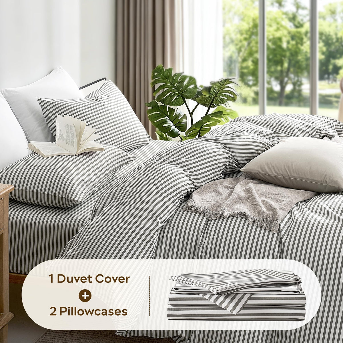 100% Cotton Classic Striped Duvet Cover Set, Grey