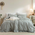 Striped Ruffle Duvet Cover Set Washed Cotton Linen Feel 3‐Pcs