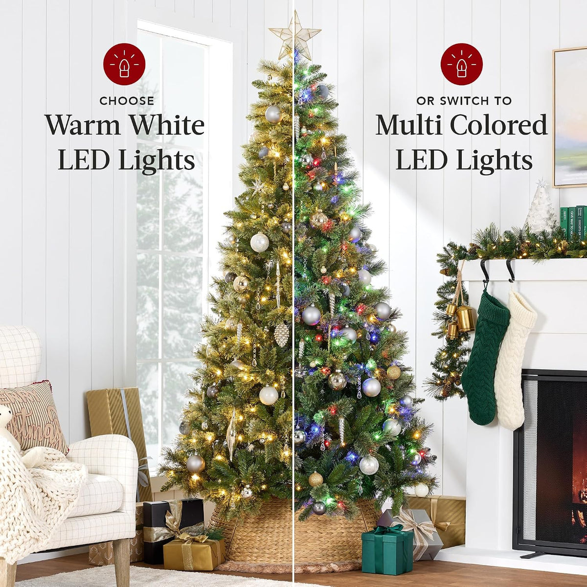 Pre-Lit Scotch Pine Christmas Tree, 4.5 to 12 ft, Premium Pre-Decorated Artificial Holiday Decor, 2-in-1 White and Multicolor Lights