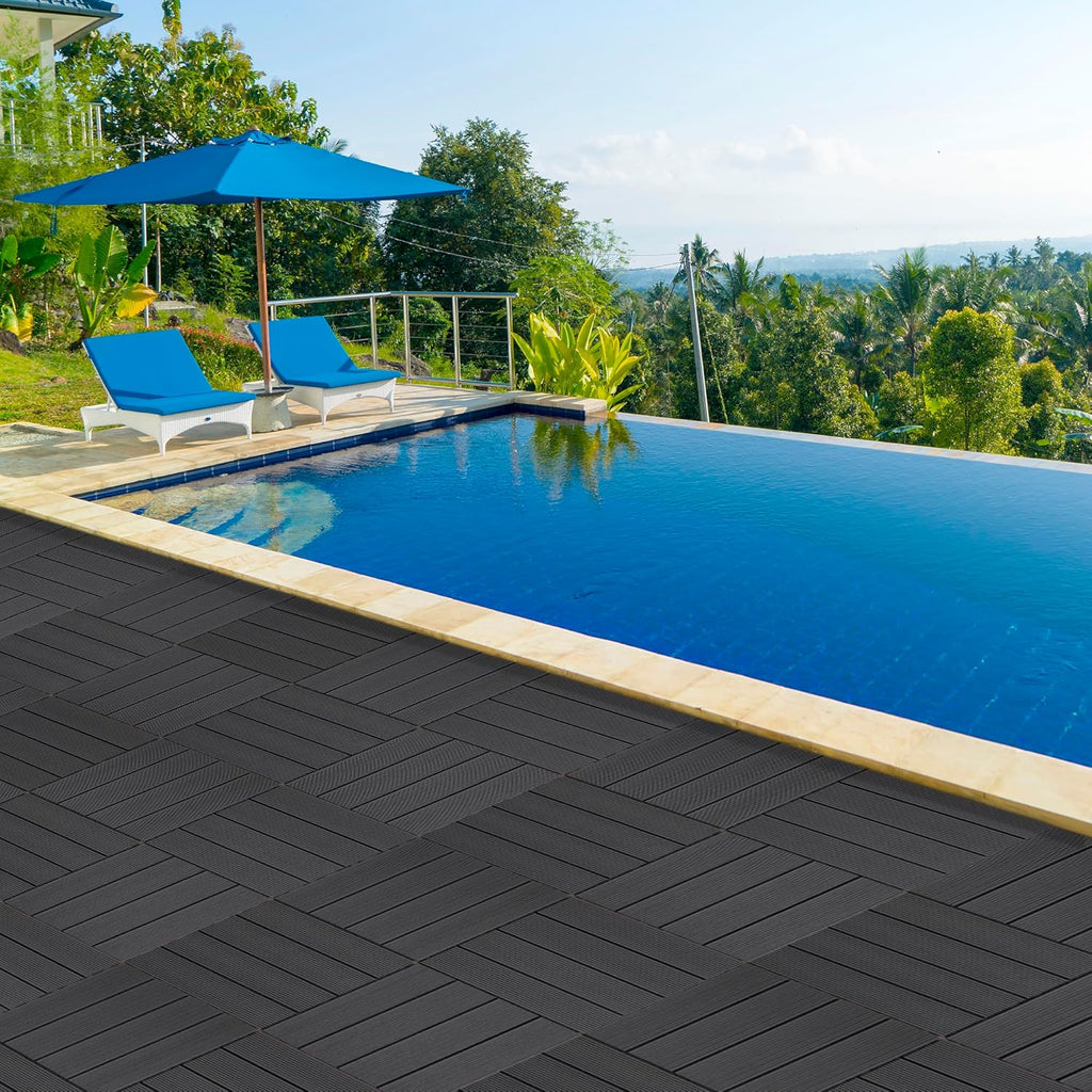 9 PCS 23.13 lb Heavy-Duty & Recyclable Wood-Plastic DIY Interlocking Deck Tiles 11.8" x 11.8"- Waterproof Outdoor and Indoor Flooring for Patio, Balcony, Porch, Backyard, Bedroom,Black