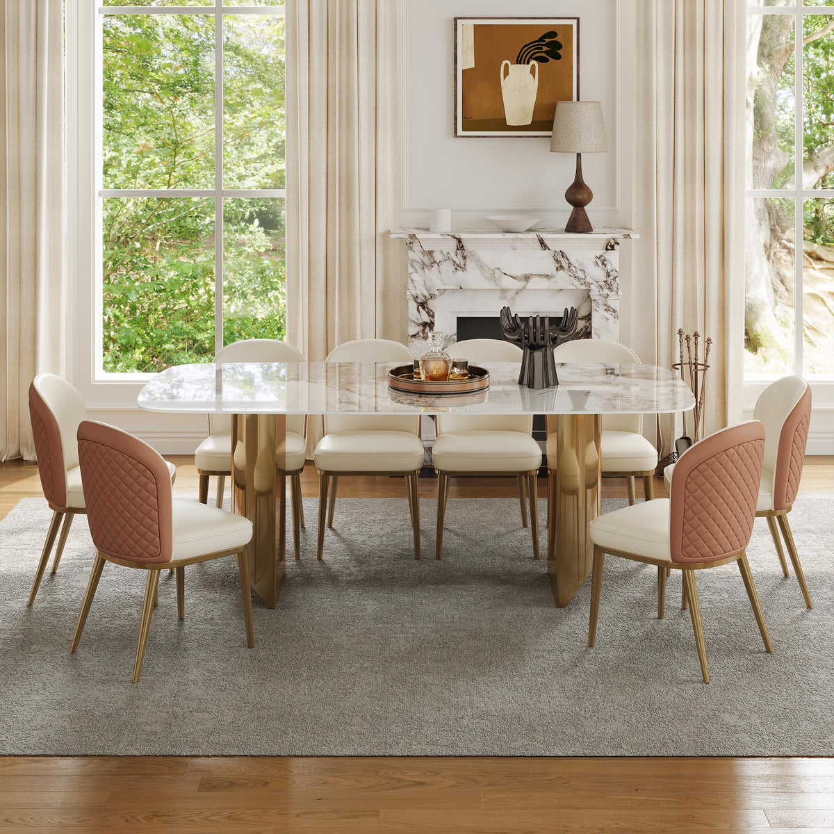 Rectangular Dining Table for 8-10 People, 79 inch Luxury Kitchen Table with Sintered Stone Tabletop and Gold Metal