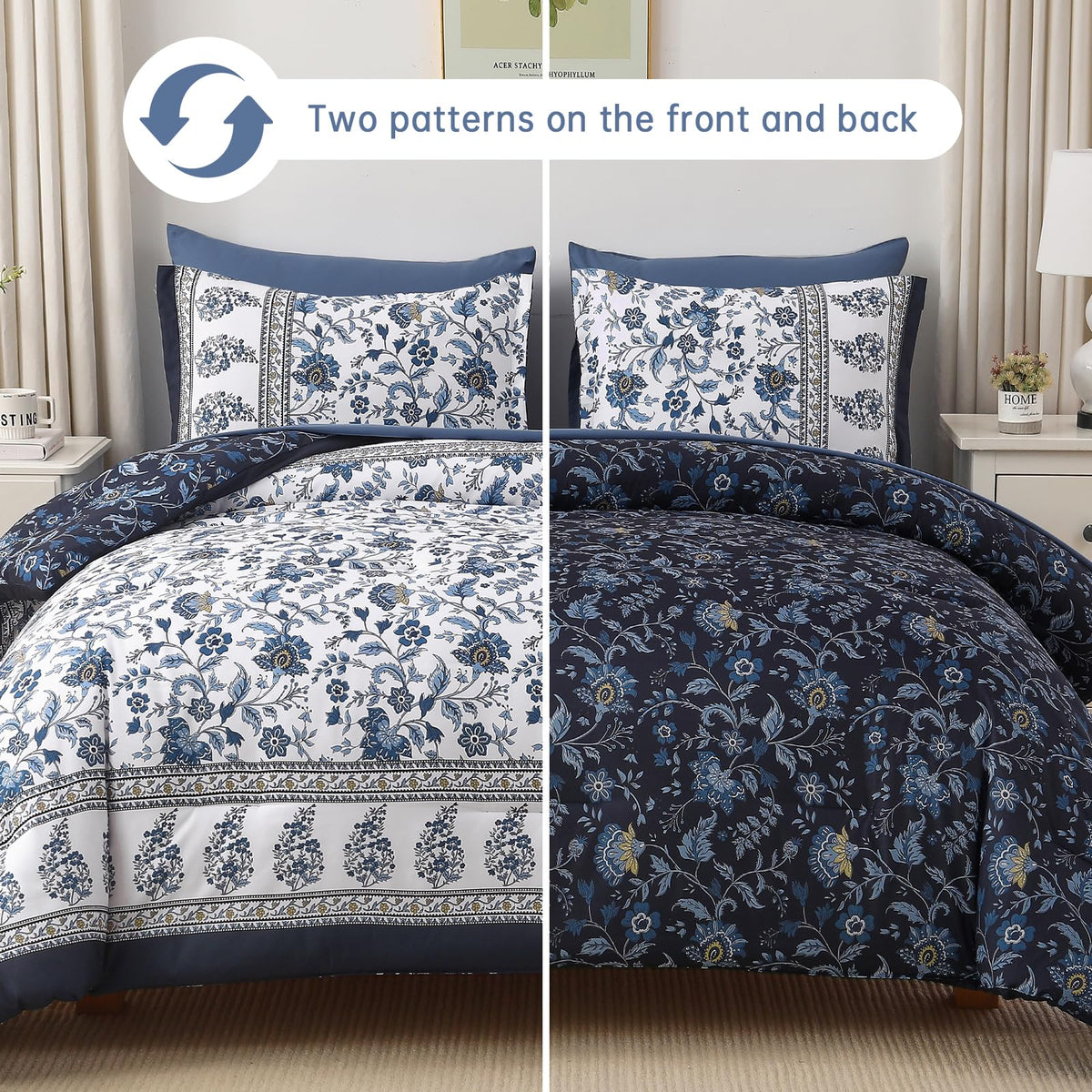 Comforter Set Queen Size Boho, Reversible Blue Bedding Paisley Floral