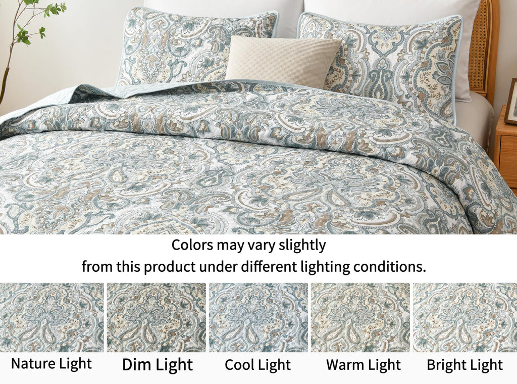 3-Piece Fine printed Oversize (100" X 95") Quilt Set Reversible Bedspread Coverlet QUEEN SIZE Bed Cover (Pale Blue