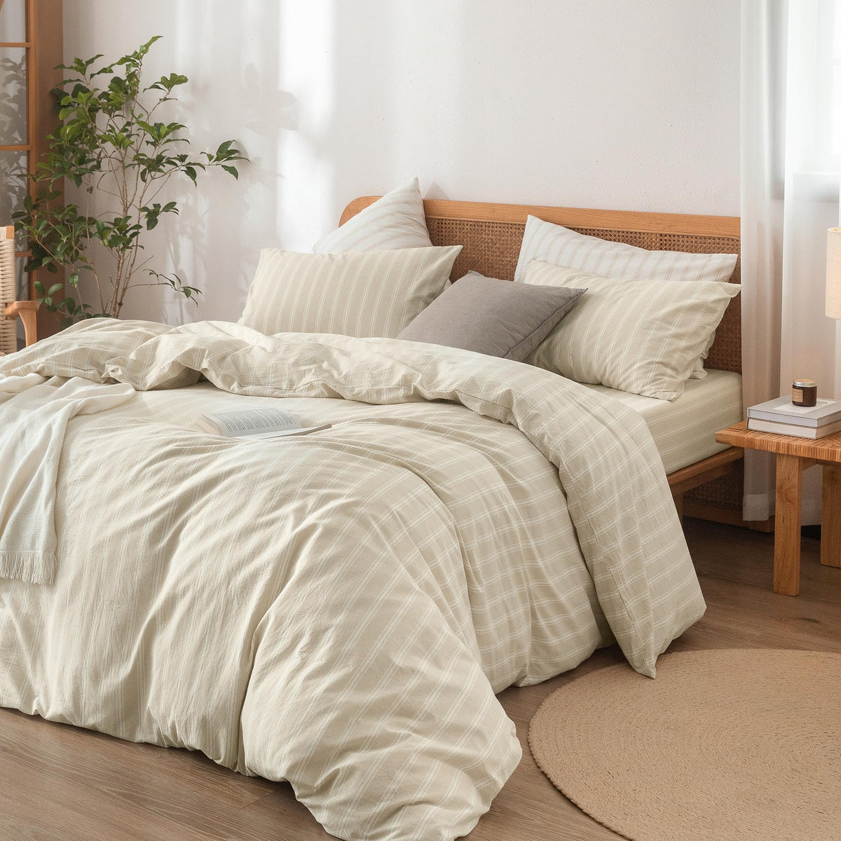 Striped Cotton Duvet Cover Set Linen Feel Super