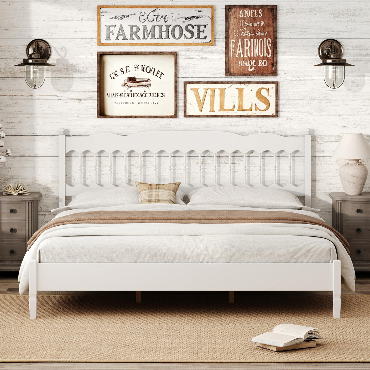 Farmhouse Wood Bed Frame with Spindle Headboard, White