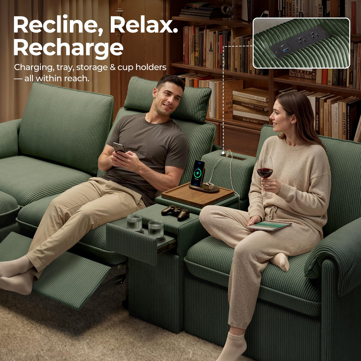 95" Modular Power Reclining Loveseat Sofa with Console, Green