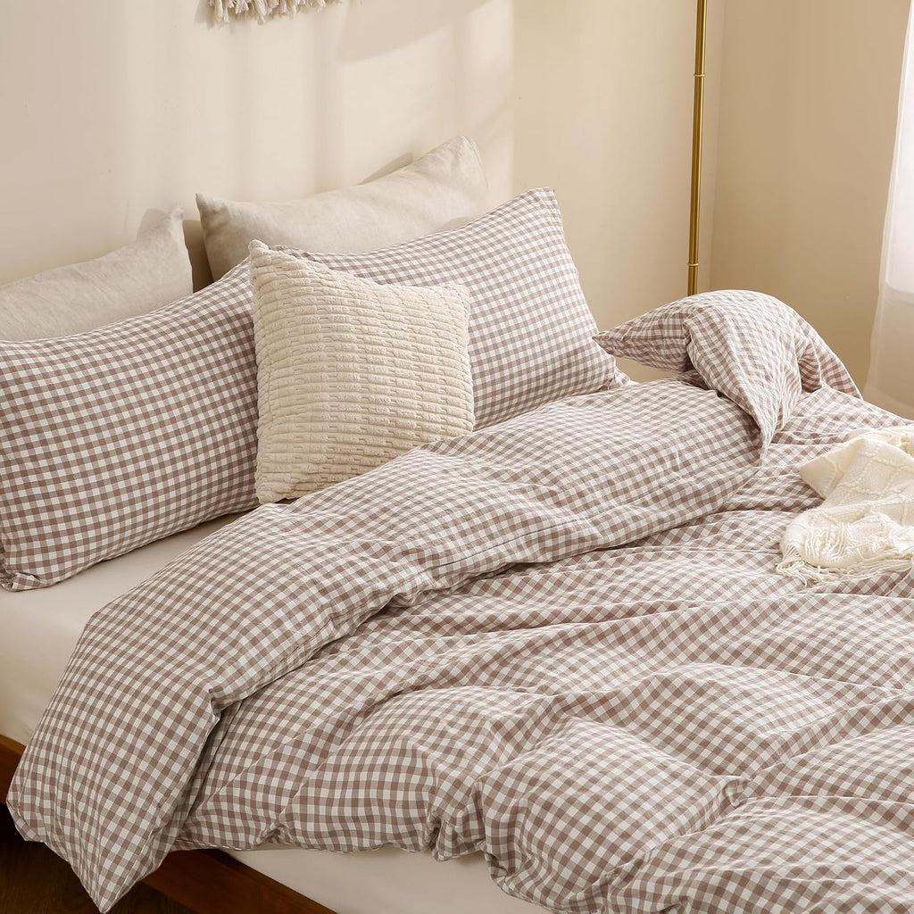 Tan Gingham Duvet Cover Bedding Set 100% Washed Cotton Like Linen Feel Super Soft Comfy 3 Piece Brown Vintage Plaid, King Size