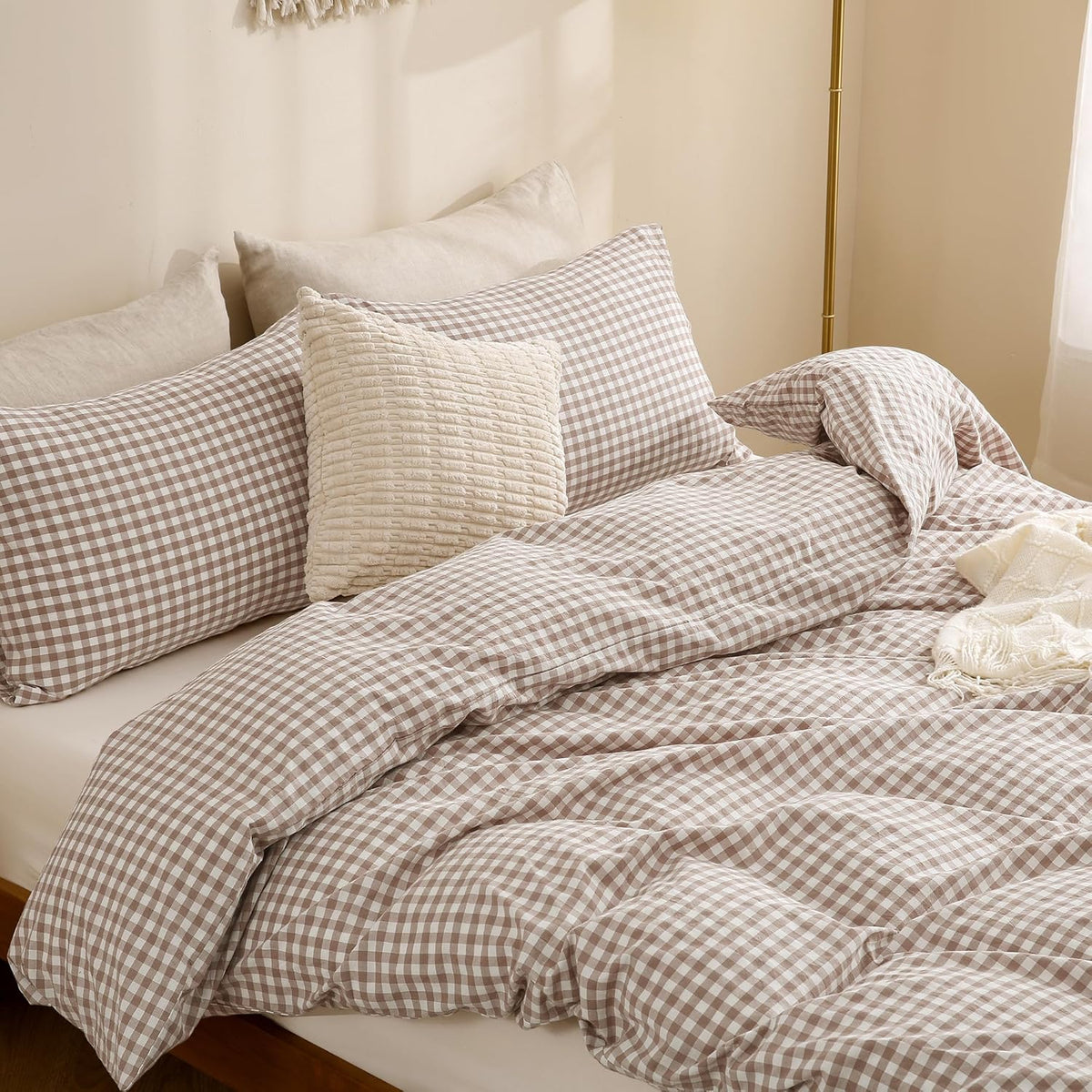 Tan Gingham Duvet Cover Bedding Set 100% Washed Cotton Like Linen Feel Super Soft Comfy 3 Piece Brown Vintage Plaid, King Size