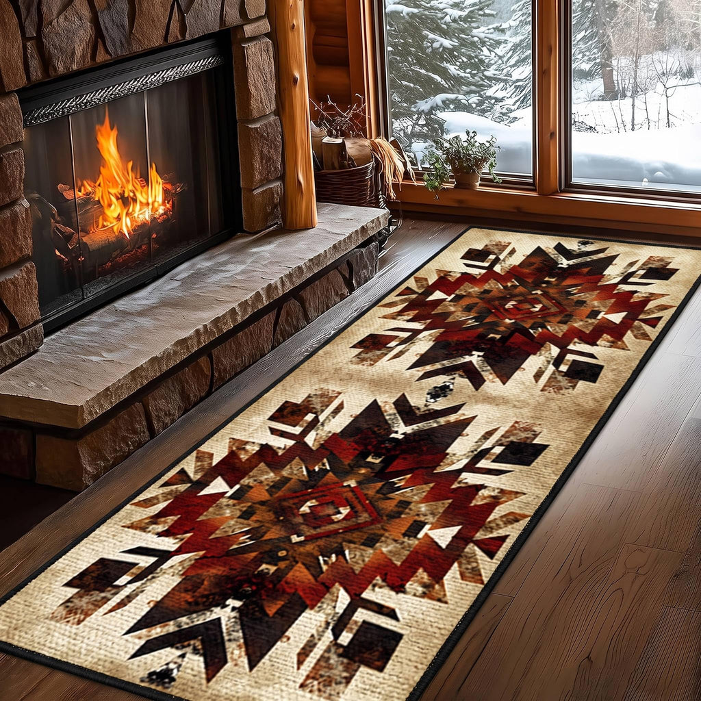 Southwestern Tribal Runner Rug, Native American Ethnic Pattern Print Distressed Aztec Retro Throw Rugs, Cozy
