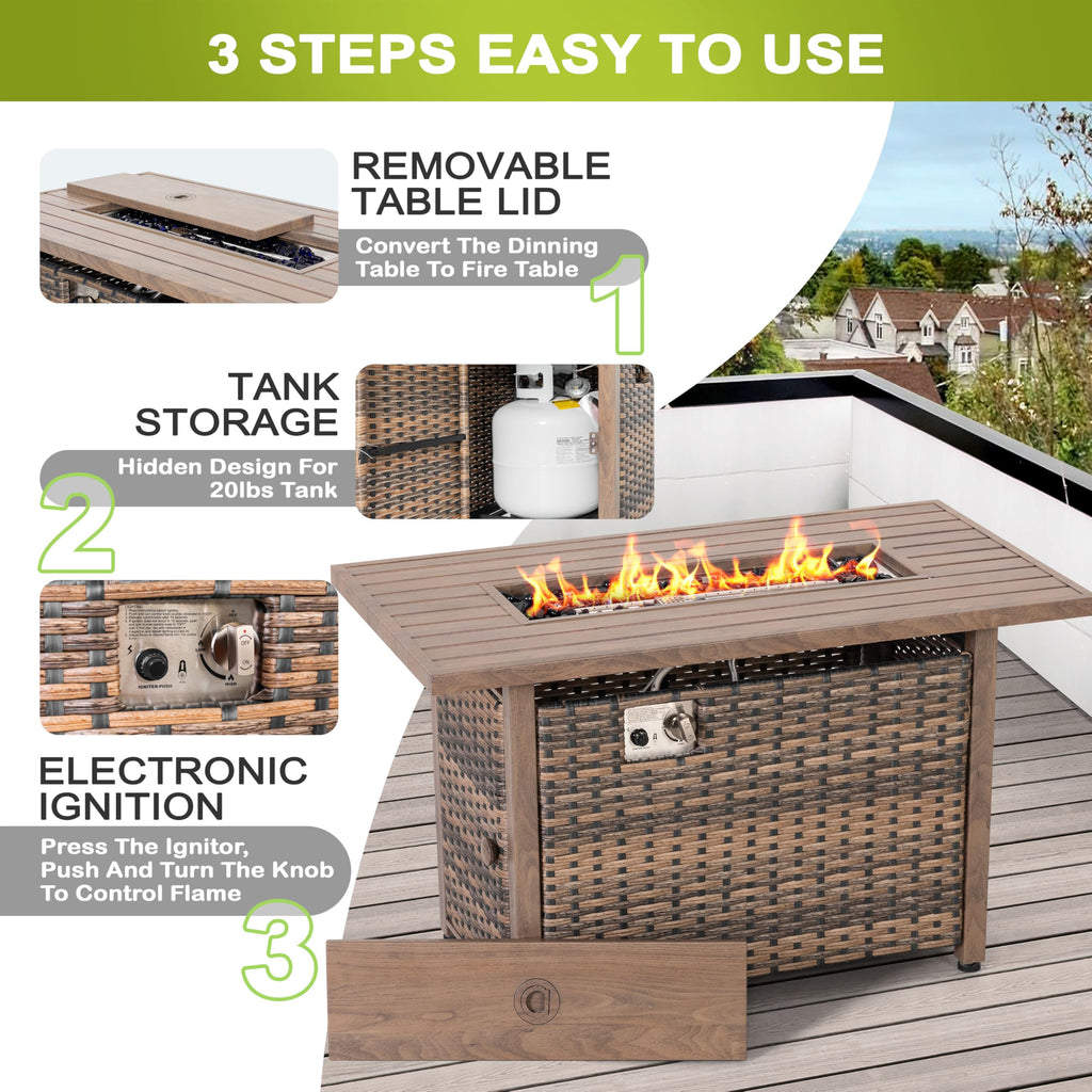 43" Propane Gas Fire Pit Rattan Outdoor Fire Pit Table, Smokeless Gas Fire Pit with Lid and Glass Beads, All-Metal