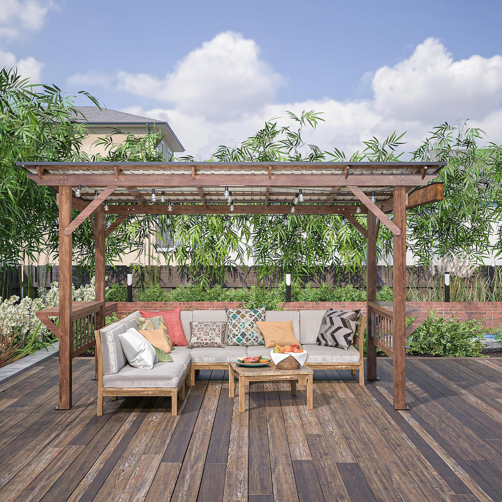 13' x 6.5' Wooden Grill Gazebo Metal Roof, Bulbs, Bar Counters, Patio Hardtop Grill Pergola, BBQ Canopy Patio, Lawn