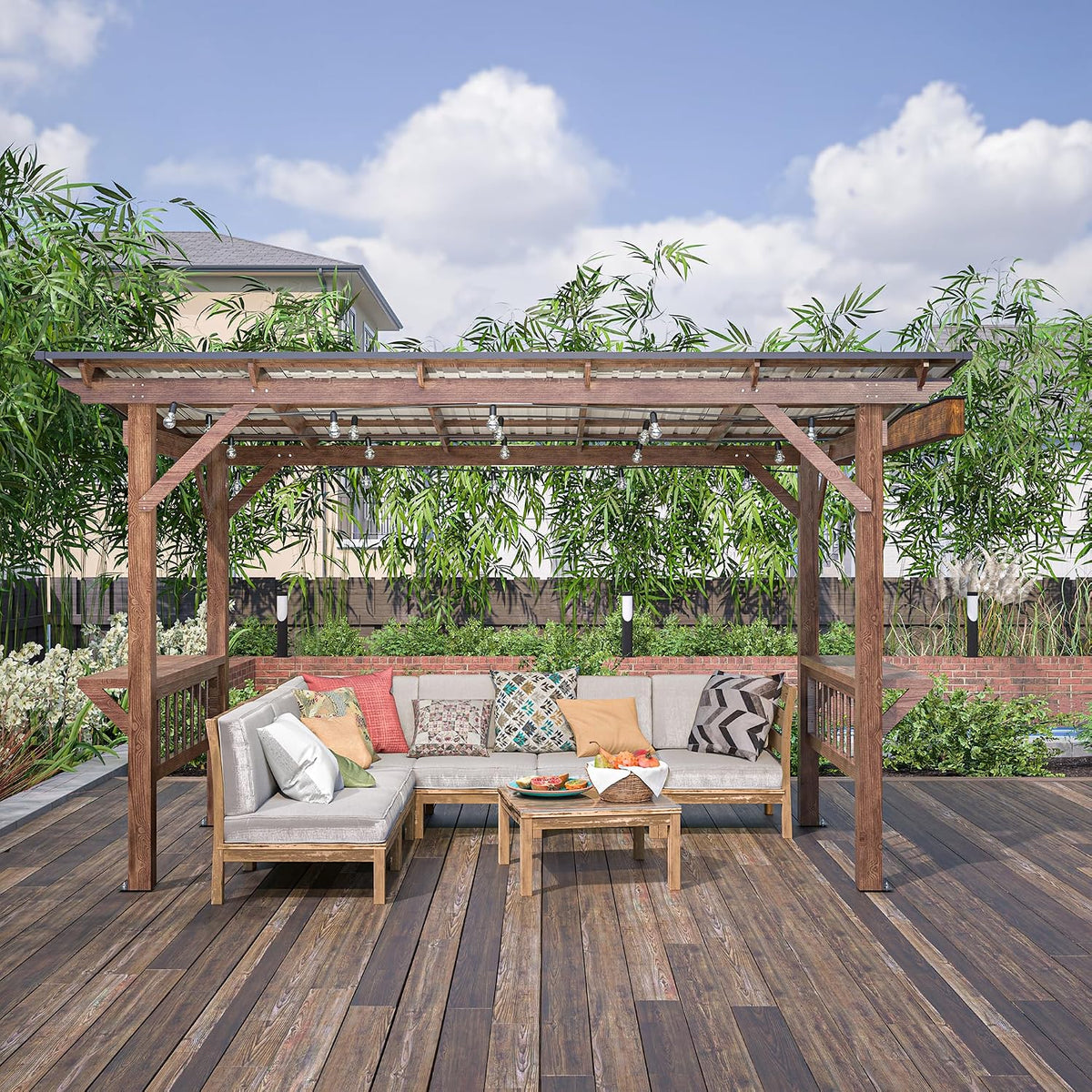 13' x 6.5' Wooden Grill Gazebo Metal Roof, Bulbs, Bar Counters, Patio Hardtop Grill Pergola, BBQ Canopy Patio, Lawn