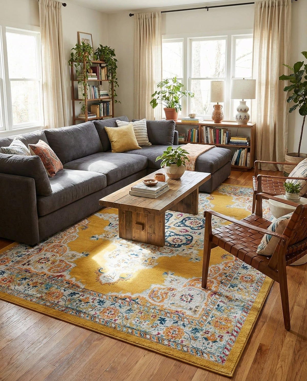 Parker Rug - Yellow Easy-Clean Rug - Vintage Medallion Style for Living Rooms and Large Bedrooms
