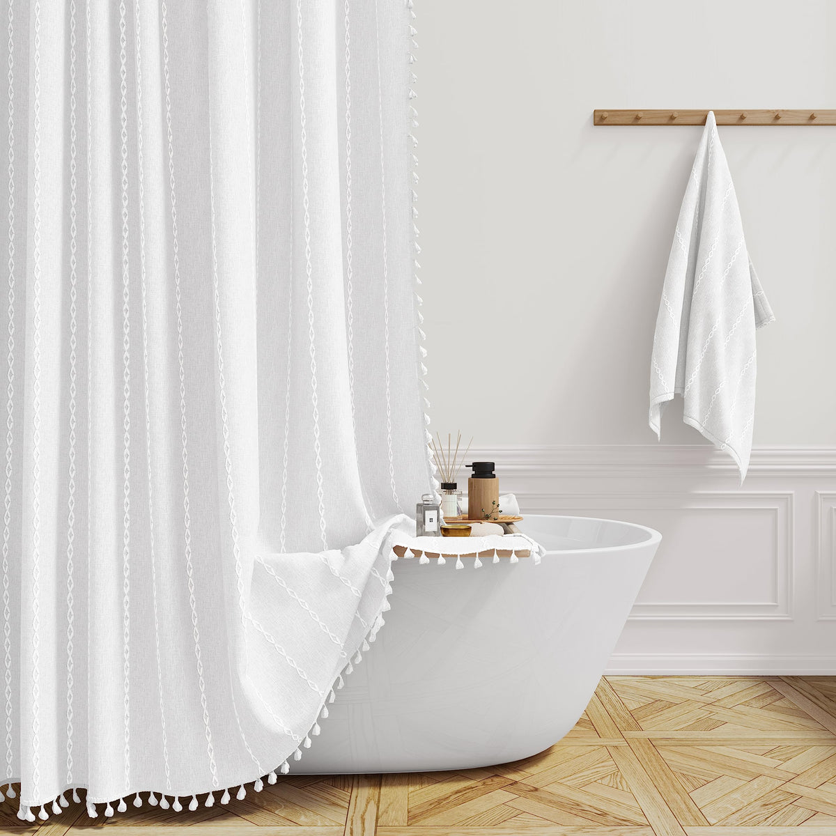 72x96 Extra Long Boho Linen Heavy Duty Cloth Shower Curtain Set, White