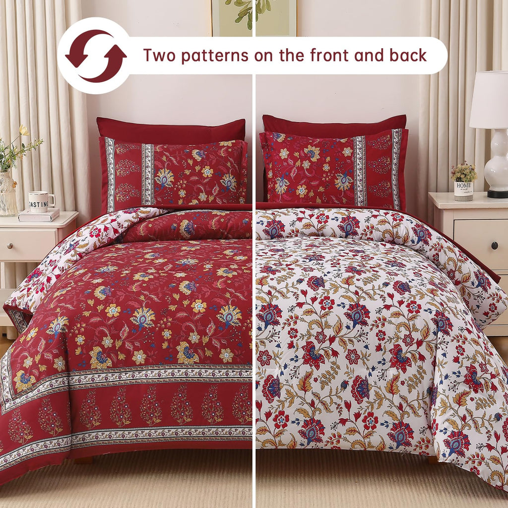 Comforter Set King Size Boho, Reversible Burgundy Bedding Paisley Floral