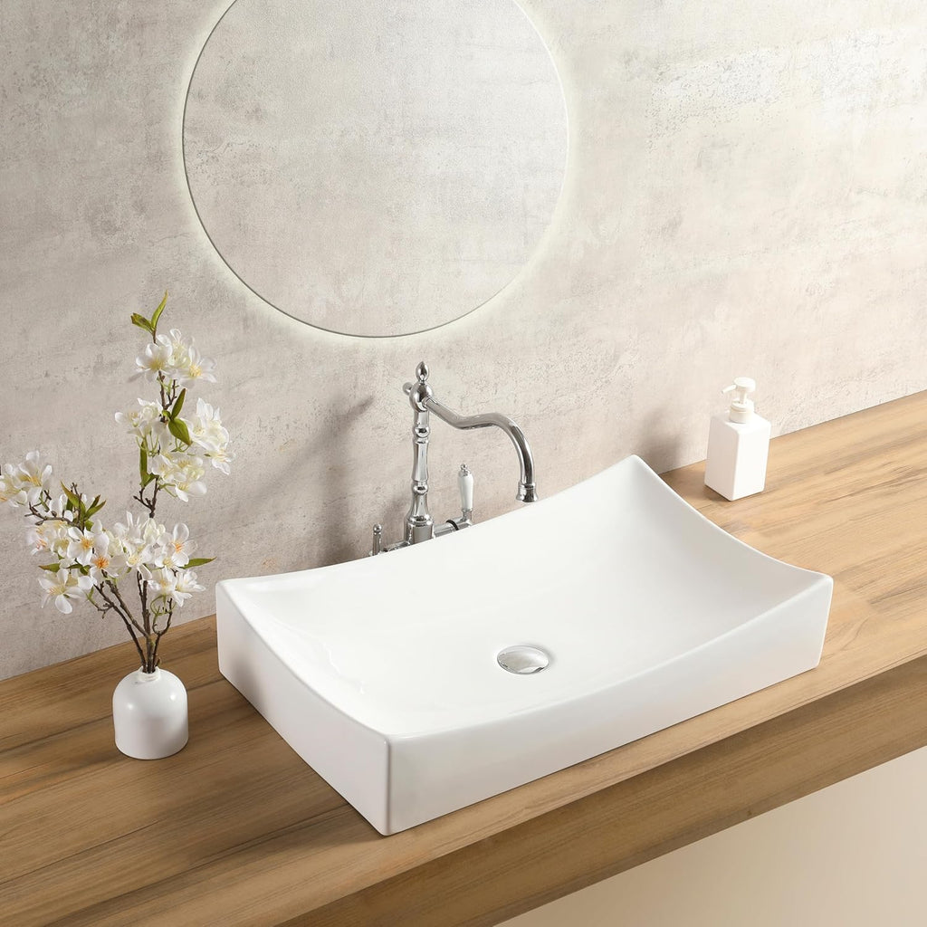 25"x15" Rectangular Bathroom Sink,White Vessel Sink Above Counter Porcelain Ceramic Vessel Sinks for Bathrooms