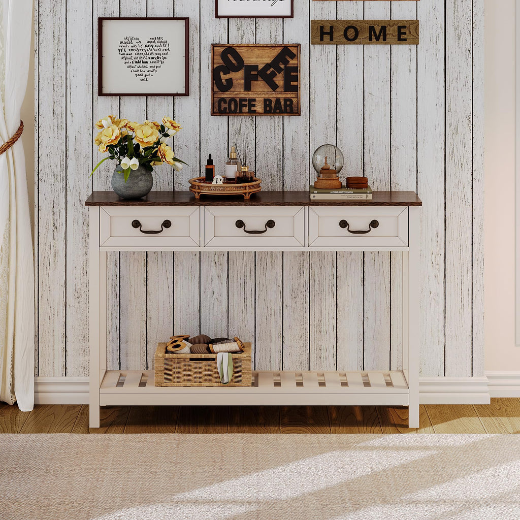 53" Farmhouse Entryway Table with 3 Drawers and Storage Shelf