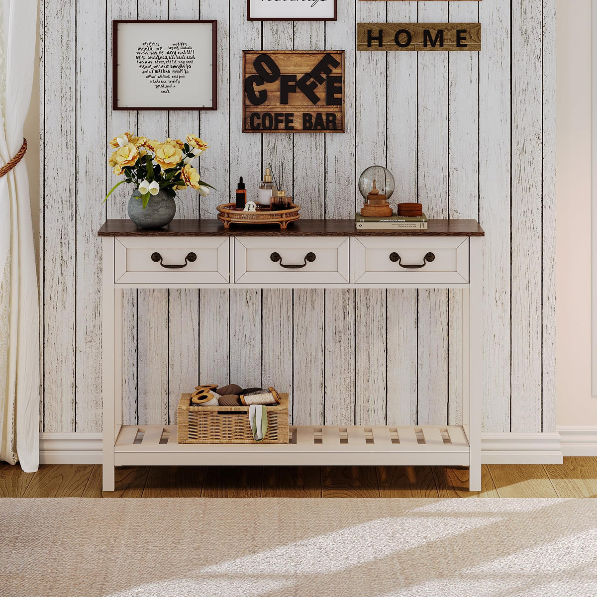 53" Farmhouse Entryway Table with 3 Drawers and Storage Shelf
