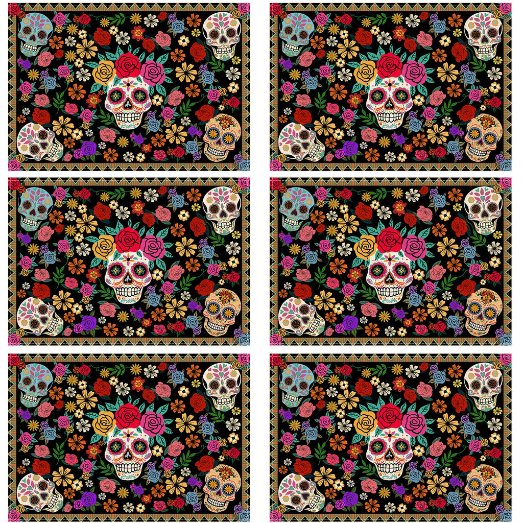 Day of The Dead Flowers Placemats Set of 6 Table Decor12x18 Inch
