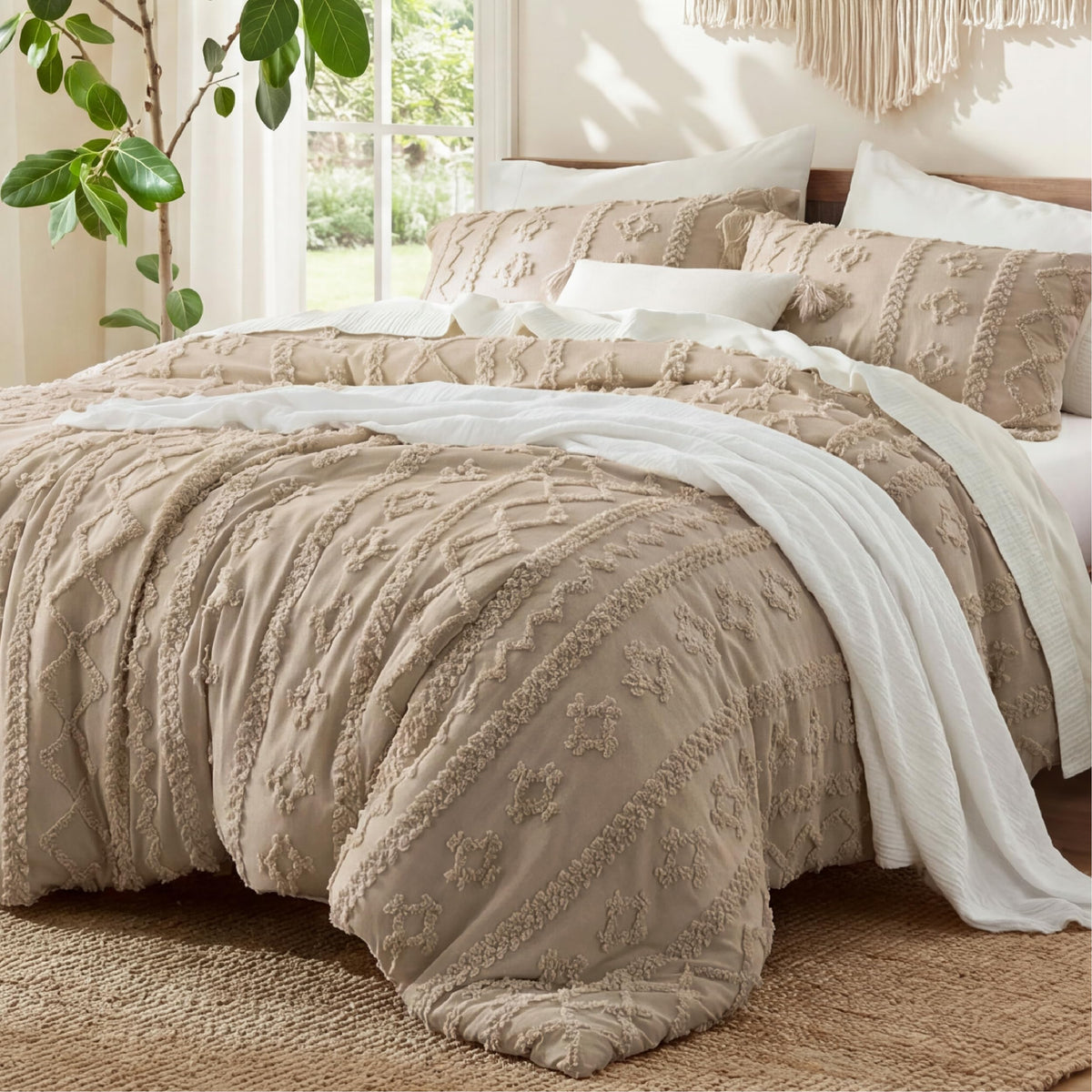 Boho Comforter Set King, Bedroom Decor Bedding Set Light Brown