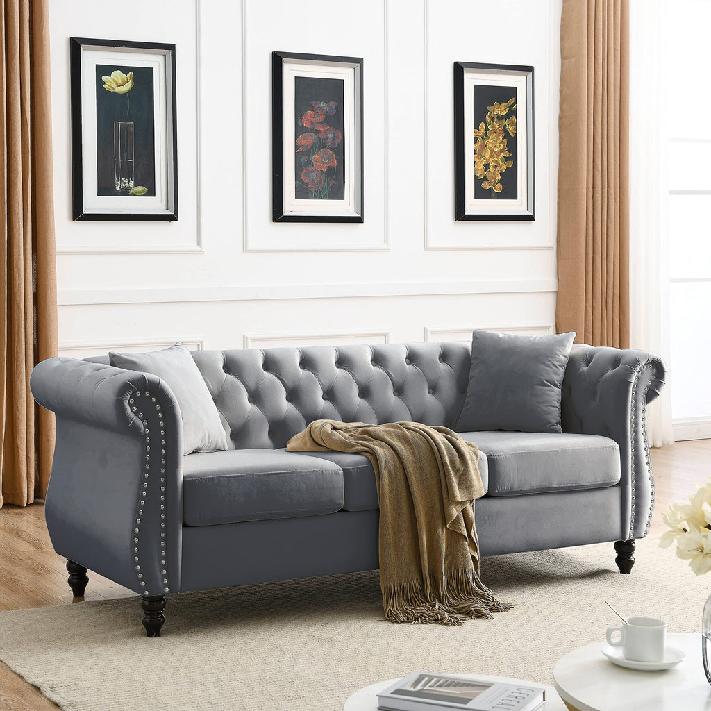 Chesterfield Sofa, Retro Style Upholstered 3+3 Seats Couch with Rolled Arm Bedroom Office, Grey
