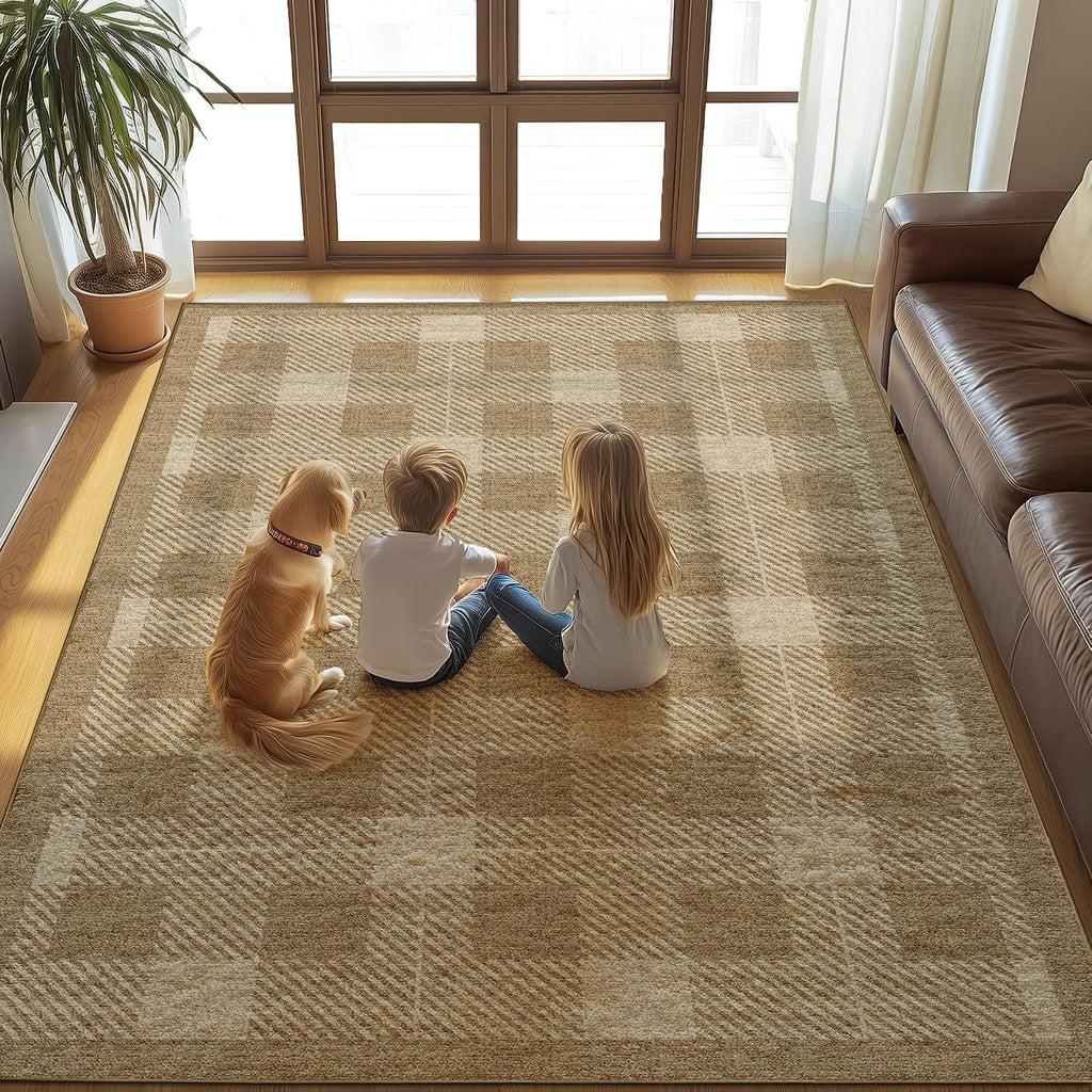 Washable Checkered Rug, Brown Tan Checkerboard Modern Minimalist Large Foldable Area Rug, Ultra-thin Low Pile