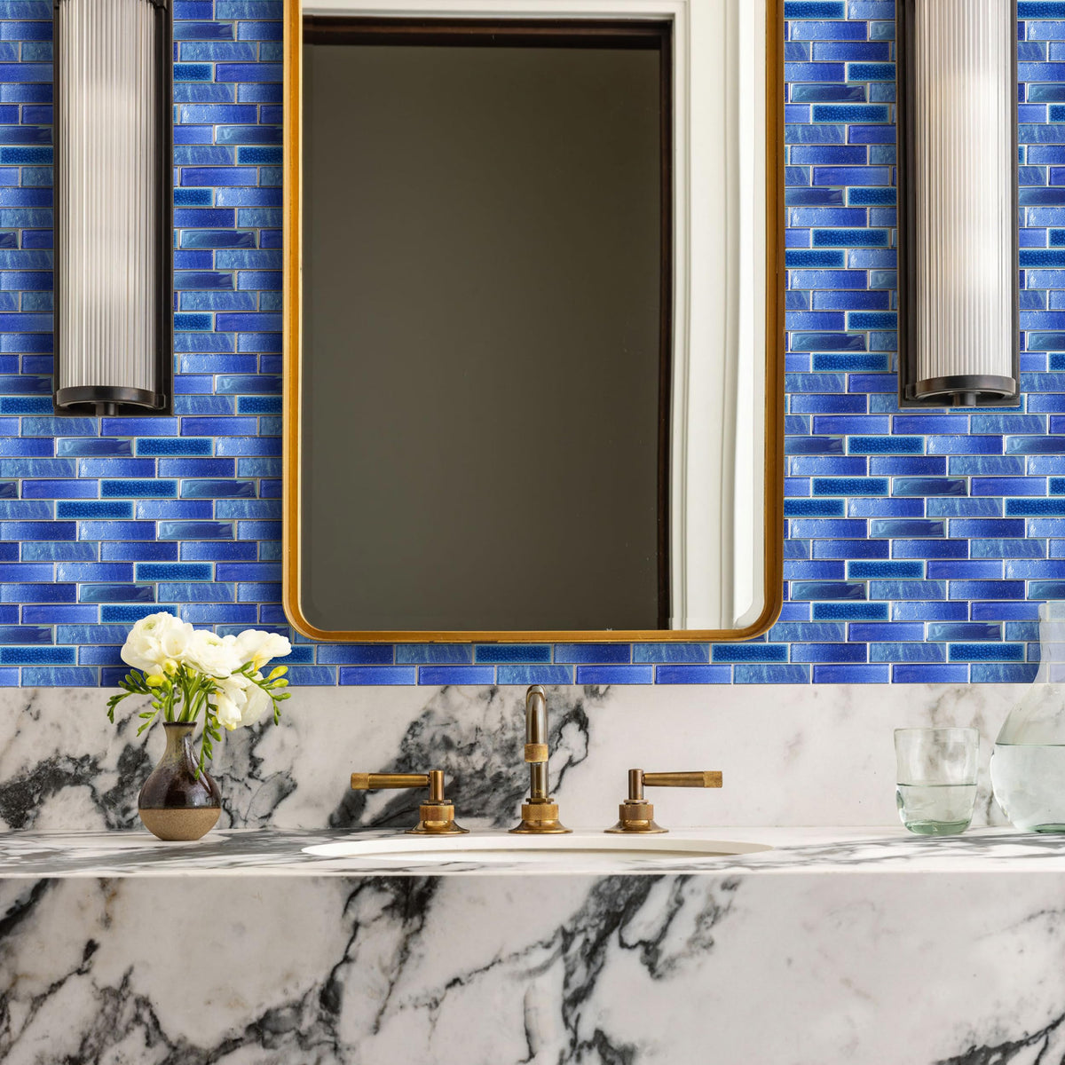 Blue Glass Porcelain Tile Box of 5 Square Feet Iridescent Starry Sky Backsplash Tile for Swimming Pool Kitchen