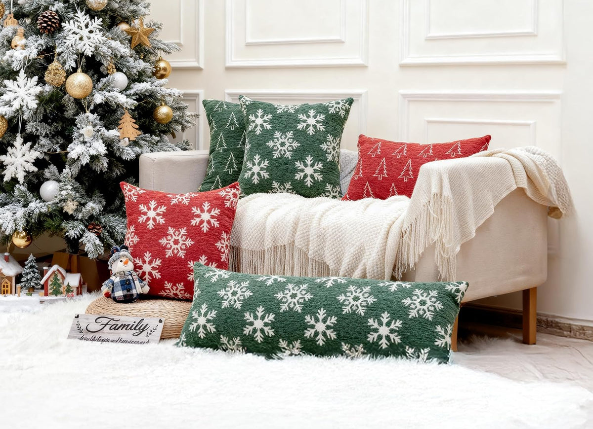 Soft Chenille Christmas Reversible Throw Pillow Covers 12x20, Holiday Double-Sided Snowflake & Tree Cushion - Set of 2