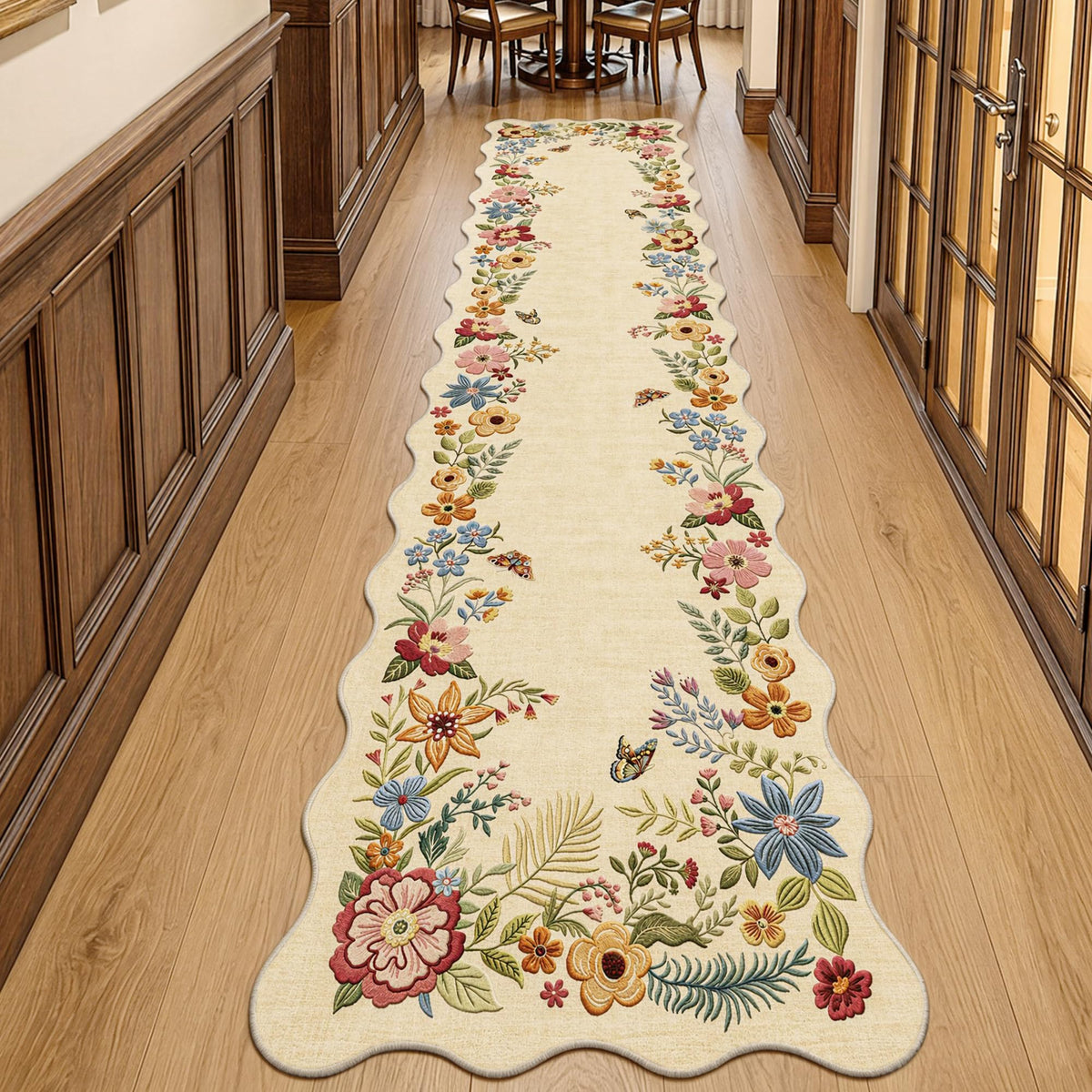 3x10 Hallway Runner Rug Washable Beige Floral Vintage Scalloped