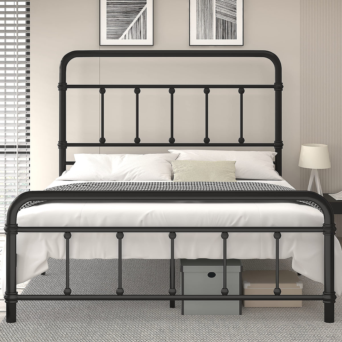 Metal Bed Frame with 49inch High Vintage Headboard