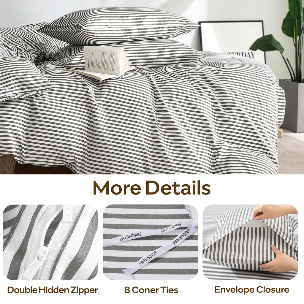 100% Cotton Classic Striped Duvet Cover Set, Grey