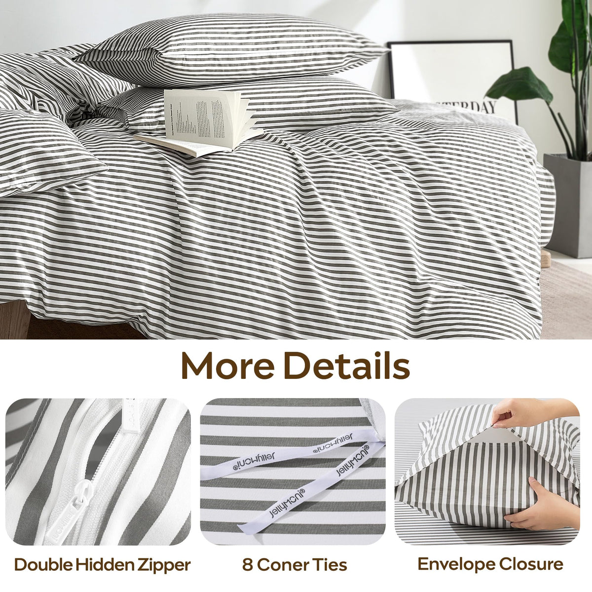 100% Cotton Classic Striped Duvet Cover Set, Grey