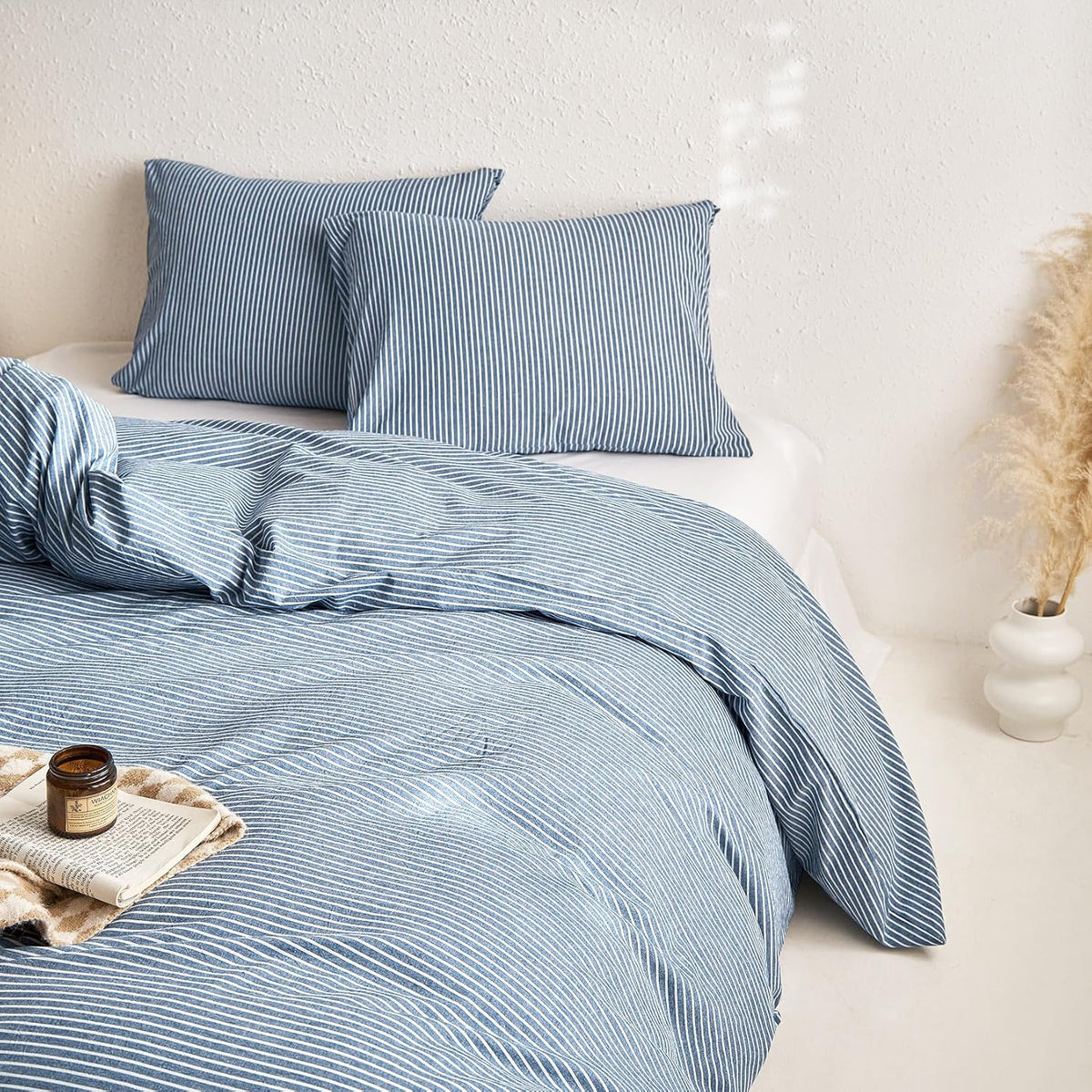 Striped Cotton Duvet Cover Set, 100% Washed Cotton Textured Bedding Set, Ticking Stripe Pinstripe Farmhouse, 3