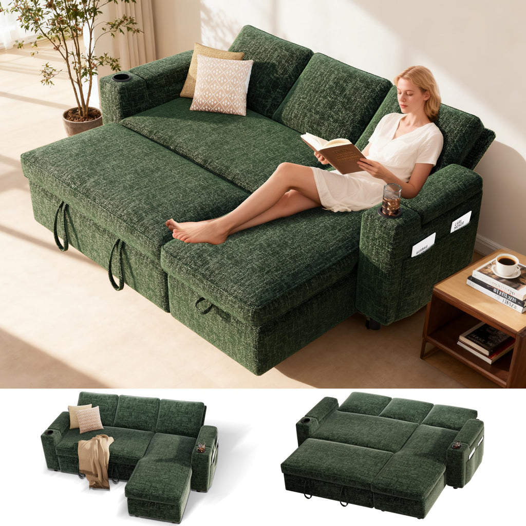 82" L-Shaped Sleeper Sofa with Pull Out Bed, Sectional Couch with Reclining Backrest, Reversible Storage Chaise