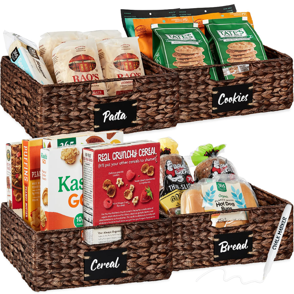 Set of 4 13x12in Water Hyacinth Pantry Baskets, Woven Organizers w/Chalkboard Label, Chalk Marker - Brown
