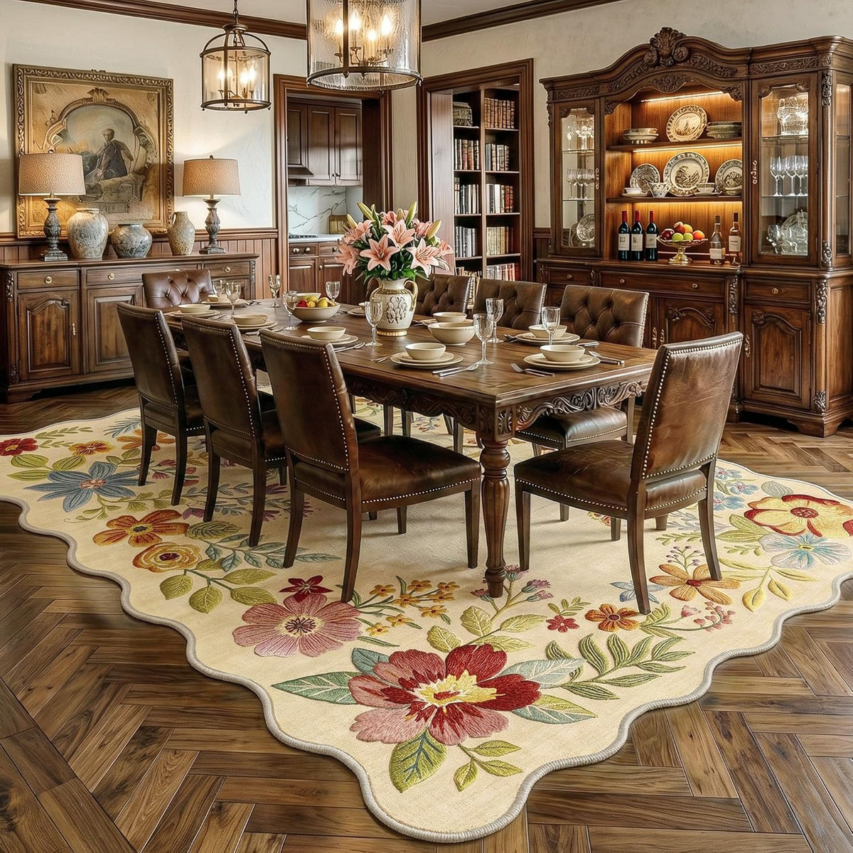 Floral Washable Area Rug Beige Neutral Vintage Flower Botanical Cottage Boho Cream Scalloped Soft Non Slip Low