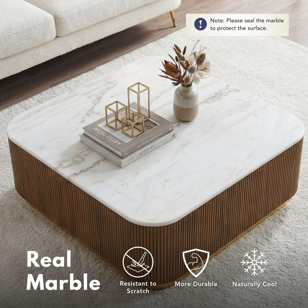 Beryl Square Marble Top Coffee Table, White and Brown