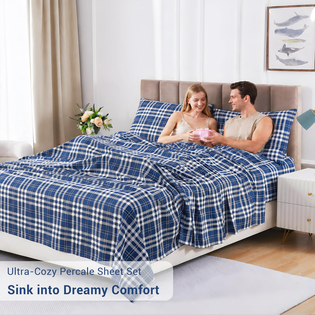 Plaid 100% Cotton Sheets, Navy Blue Checkered