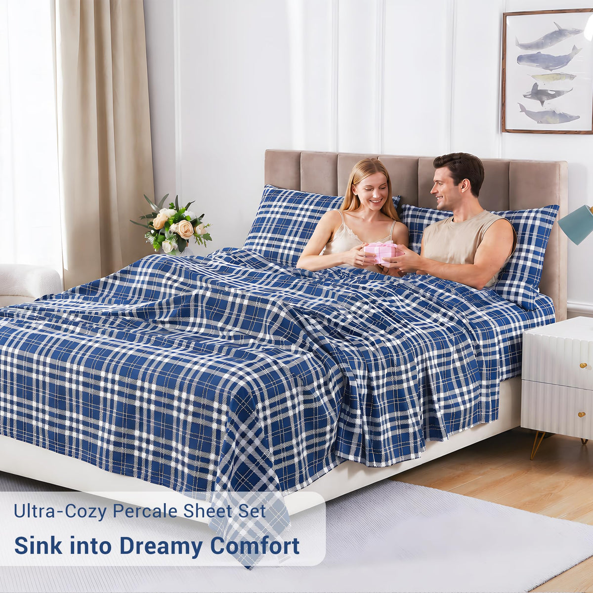 Plaid 100% Cotton Sheets, Navy Blue Checkered