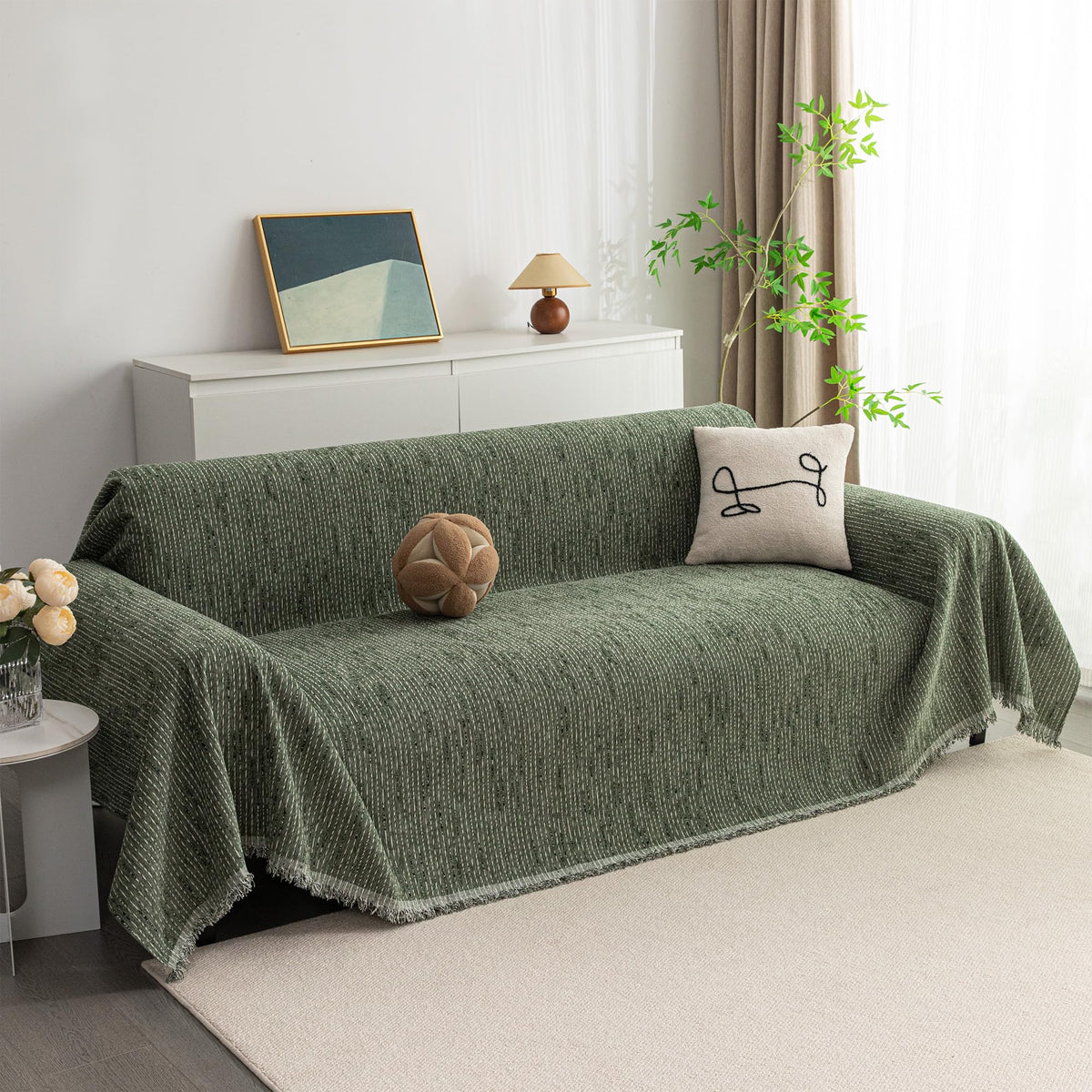 Boho Couch Cover Moss Green Sofa Covers with Tassel Farmhouse Sofa Slipcover Simple Couch Protector for Dogs Chenille