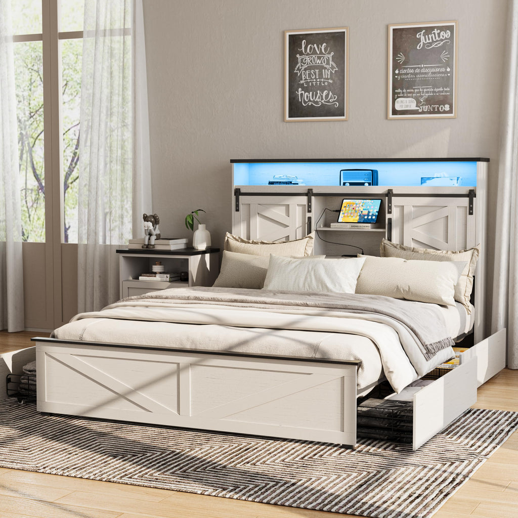 Farmhouse Bed Frame with 4 Drawers and Bookcase Headboard, Sliding Barn Door Storage Shelves, LED Lights
