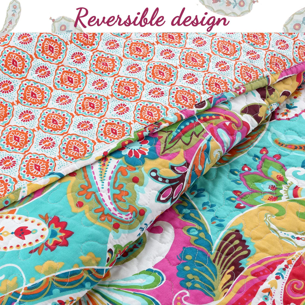 Gorgeous Paisley Floral Bloom Reversible Quilt Bedding Set, Bedspread Coverlet Lightweight for All Seasons (Flourish