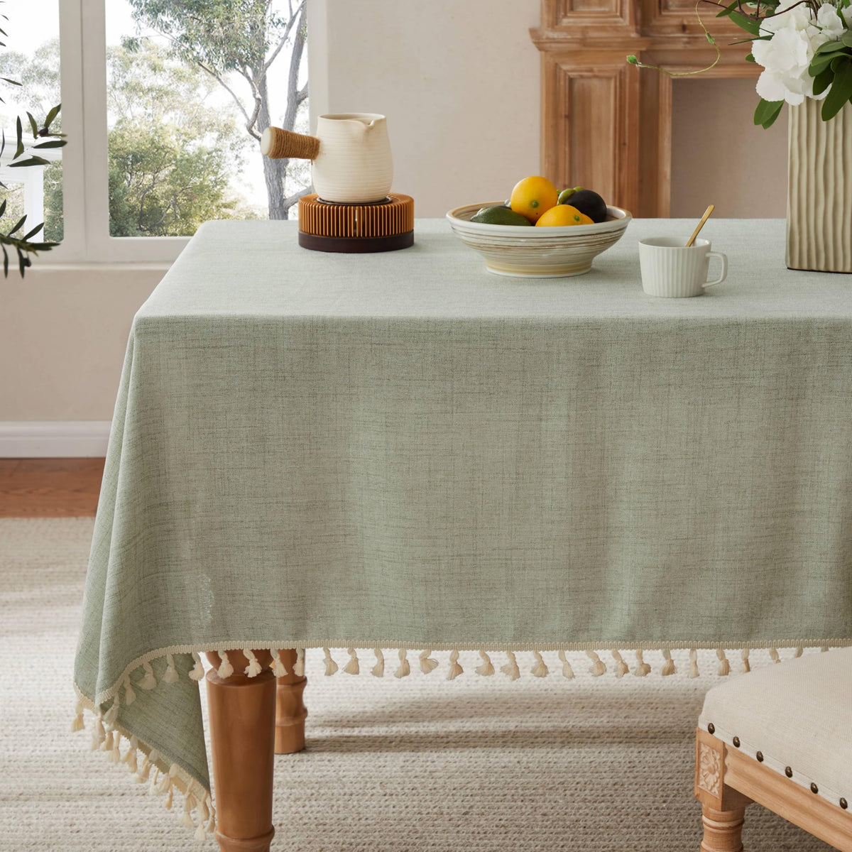 Tassel Linen Rectangular Table Cloth, Sage Green 60x84 Inch