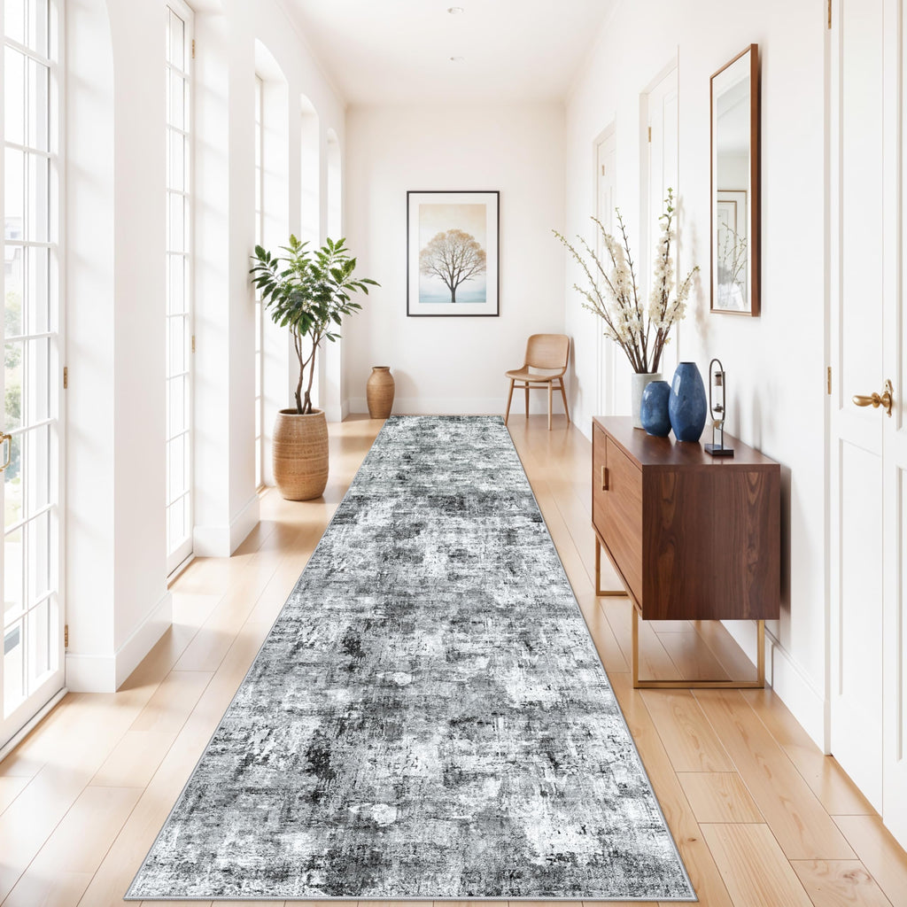 3x12 ft Long Hallway Runner Rug - Non-Slip Washable Kitchen Rug with Rubber Backing, Modern Abstract Neutral Thin Low
